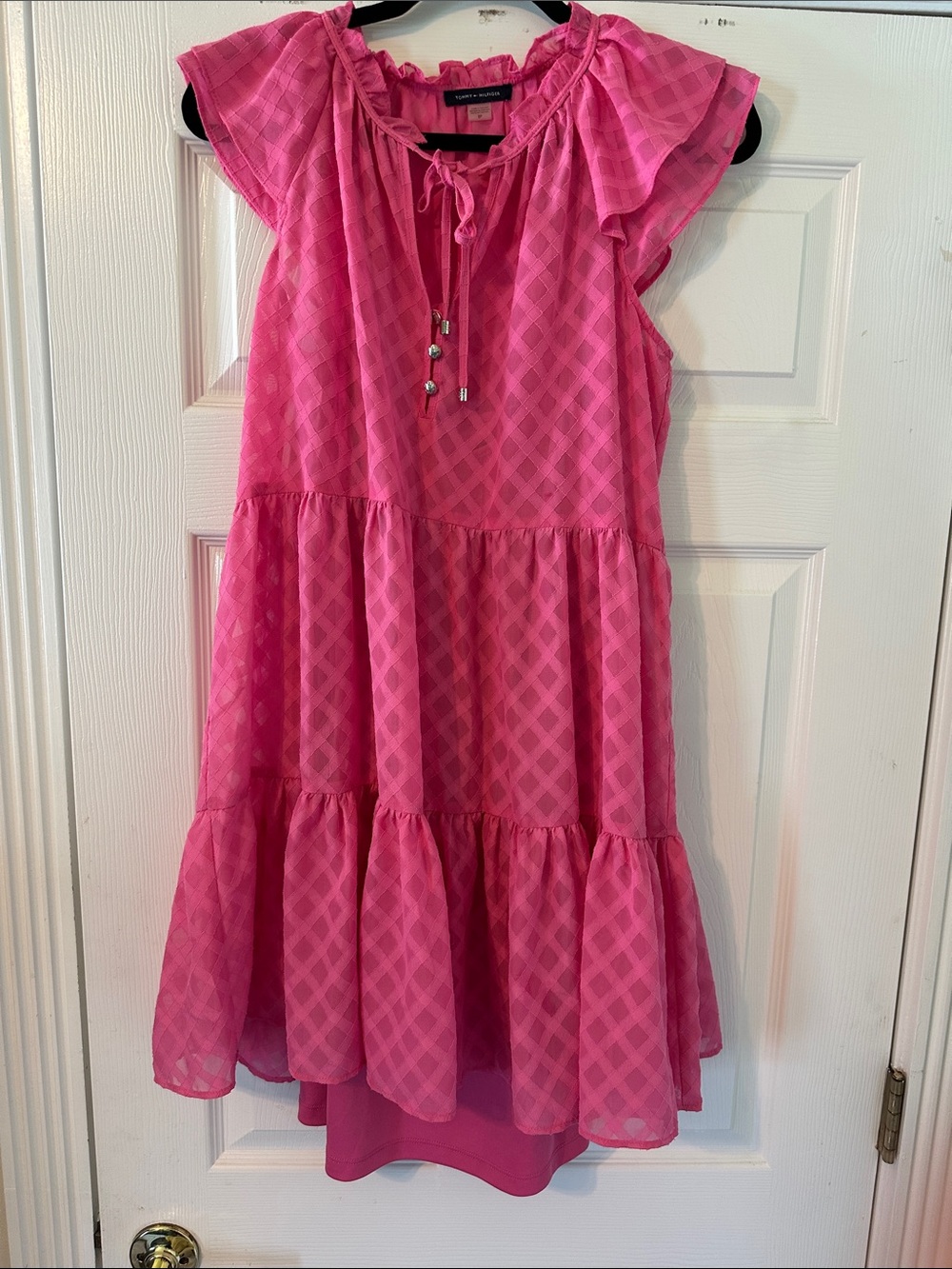 Pink Trellis Pattern Dress Tiered Ruffle Layers Short Flutter Sleeves (8P)